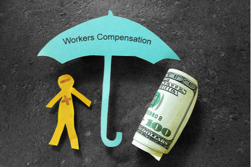 Paper man with money under Workers’ Compensation umbrella. Huntersville workers’ compensation benefits.