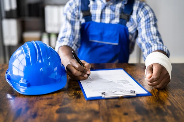 An injured worker with a hard hat files a North Carolina workers’ compensation claim.