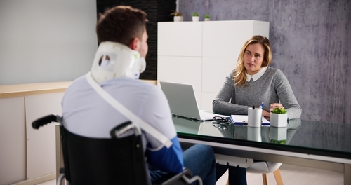 Mooresville motorcycle accident lawyer, motorcycle accident lawyer in mooresville, 1Charlotte injury lawyers Mooresville motorcycle accident lawyer speaking to a client about their motorcycle accident injury claim. 