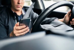 Gastonia rideshare driver checking phone for ride request — used by a Gastonia rideshare accident lawyer to illustrate distracted driving risks in Uber and Lyft cases.