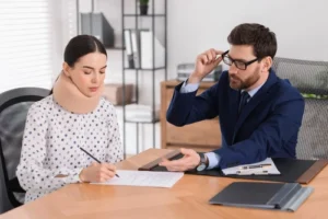 Gastonia rideshare accident lawyer meeting with injured client wearing a neck brace to discuss legal options and pursue fair compensation after an Uber or Lyft crash.