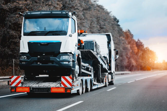 A company vehicle is being transported on a flatbed truck after a serious workplace accident.