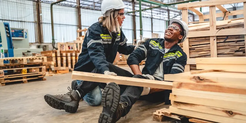 A female warehouse worker in a white hard hat- safety goggles- and reflective jumpsuit kneels beside an injured male coworker who is grimacing in pain on the floor of a lumber facility with wooden planks scattered around him depicting the immediate response to a construction accident involving falling materials on a job site in North Carolina.