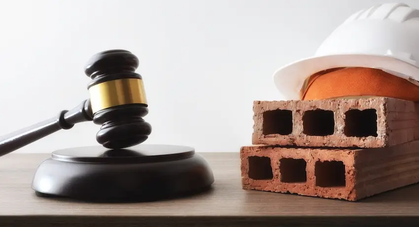 A dark wooden judge's gavel on a round sound block sits beside two stacked red brick blocks topped with a white hard hat and an orange safety helmet on a wooden desk against a white background symbolizing the legal action taken with 1 Charlotte Injury Lawyers on behalf of workers injured in a construction accident in North Carolina.