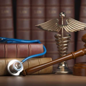 Image of a law book and stethoscope on desk of a Mooresville workers compensation lawyer.
