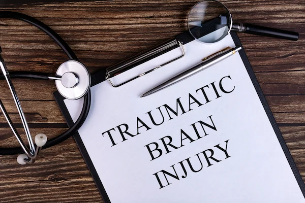 Traumatic Brain Injury text with stethoscope symbolizes a traumatic brain injury lawsuit.